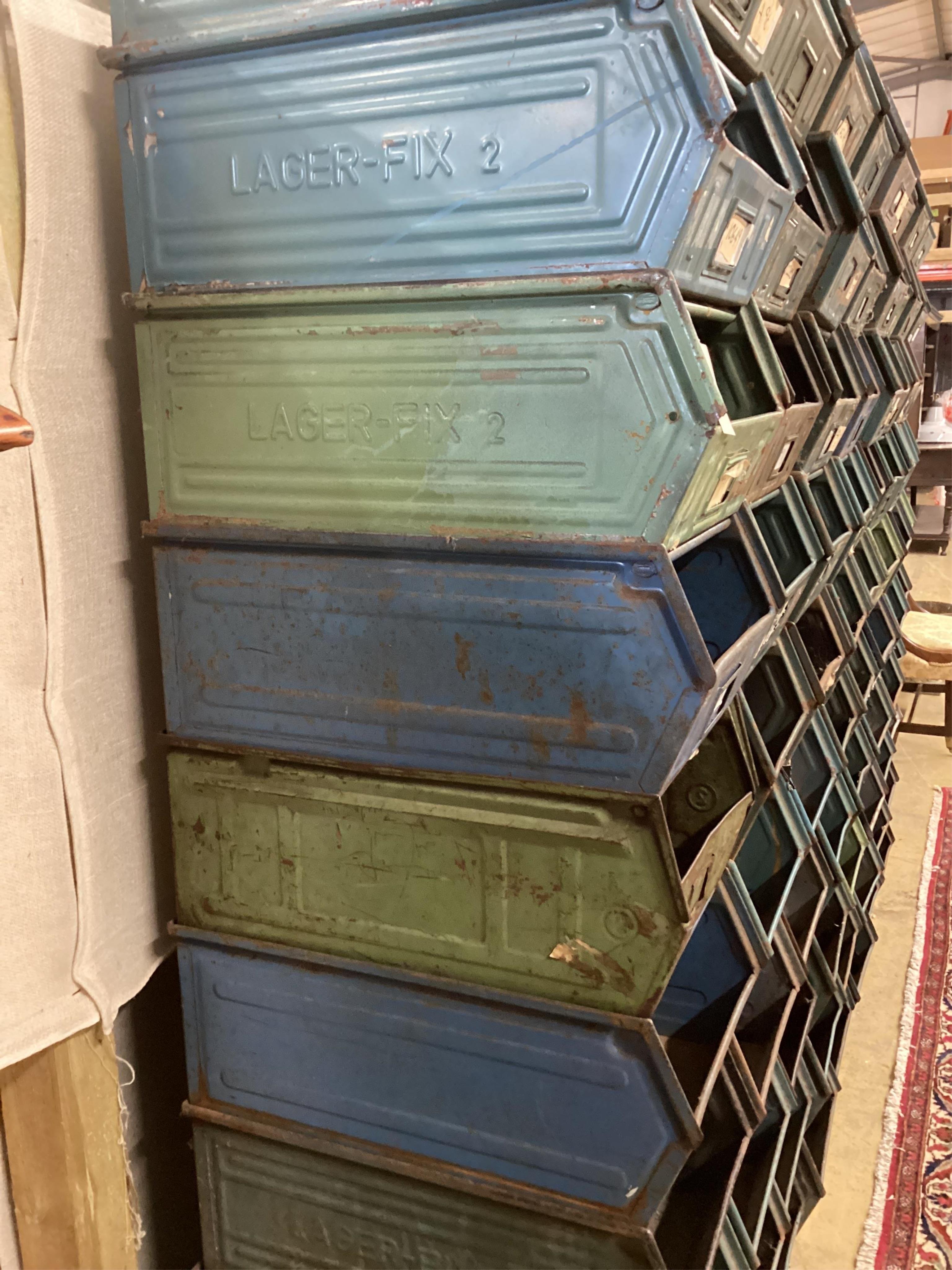 A vintage industrial steel metal bin tray box x 82 Storage Schafer Dexion Patina Display Backdrop, each of the same size and style so can be stacked / displayed in any way, mostly all SCHAFER KASTEN but some are DEXION b